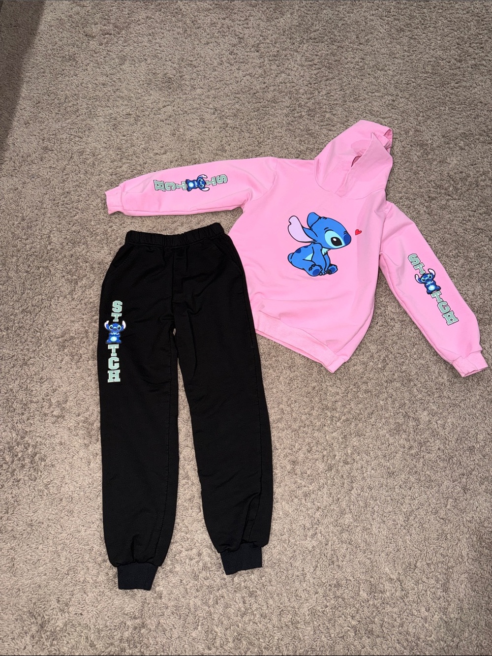 Pink Stitch Character Hoodie & Black Jogger Matching Set